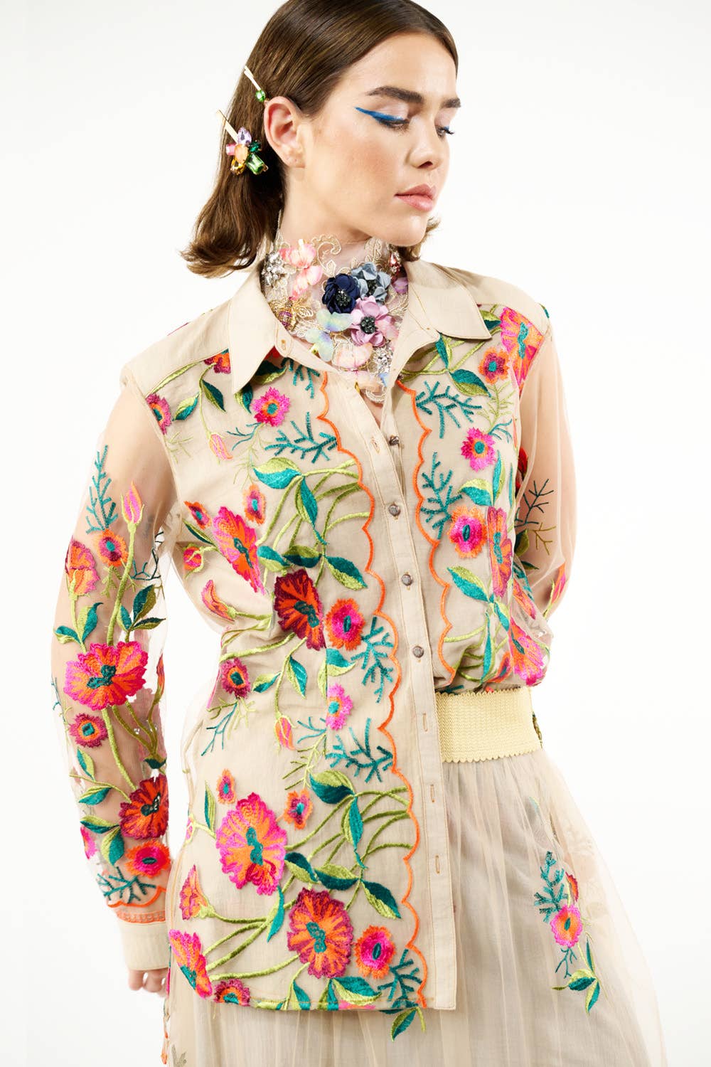 Aratta - Vintage Tulips Shirt: Denim Blue / M