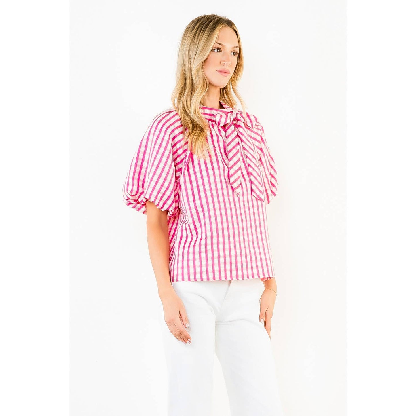 THML - Gingham Puff Sleeve Top: BLUE / XS-S-M-L(1-2-2-1)