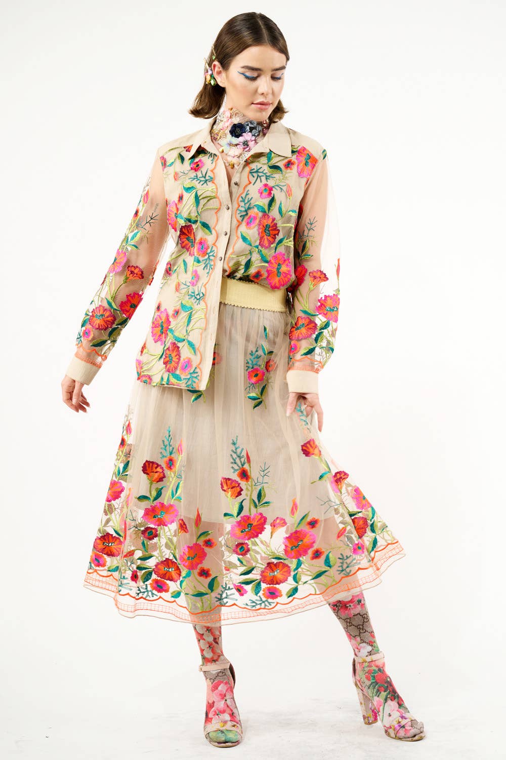 Aratta - Vintage Tulips Shirt: Denim Blue / M