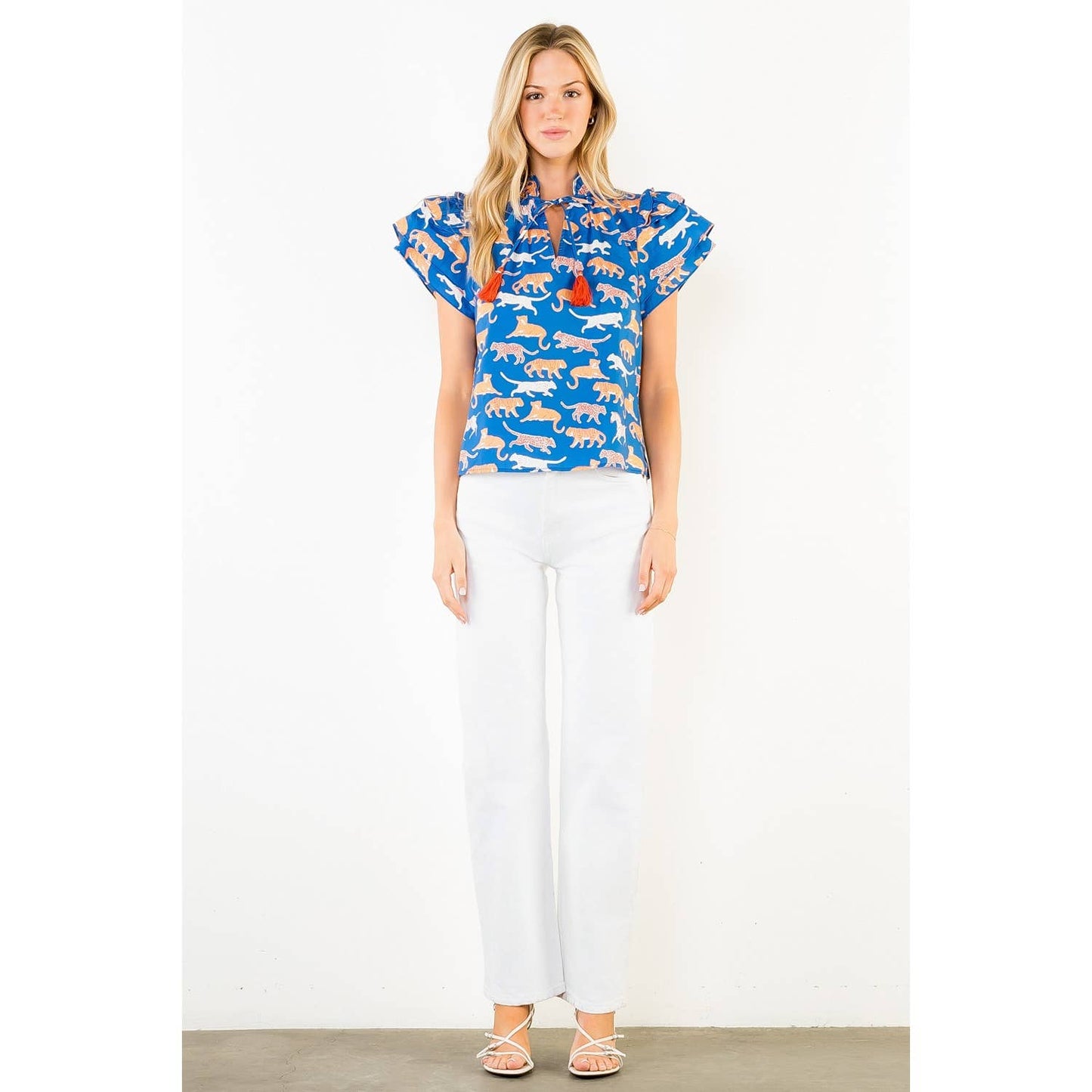 THML - Animal Print Short Sleeve Top With Tassles: BROWN / XS-S-M-L(1-2-2-1)