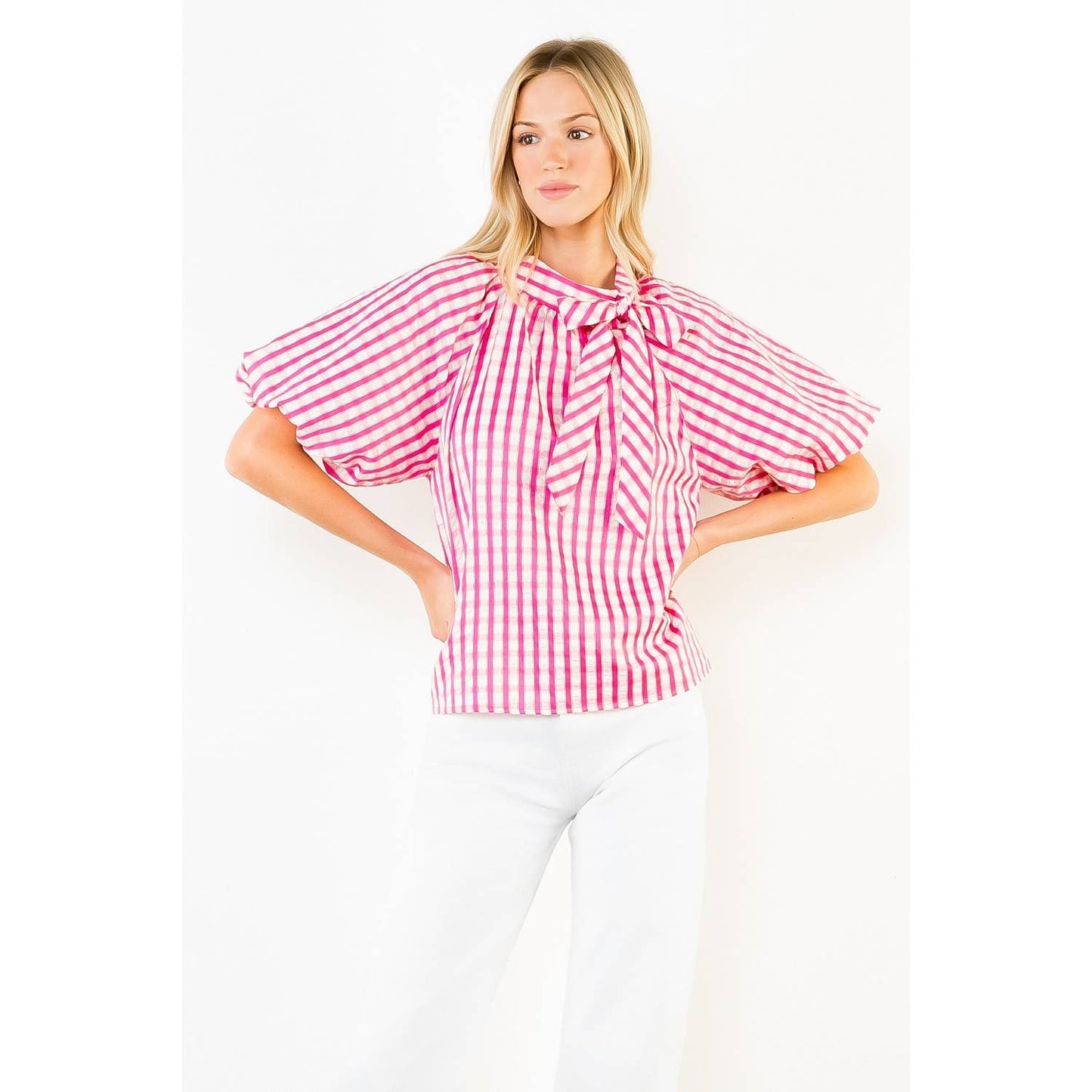 THML - Gingham Puff Sleeve Top: BLUE / XS-S-M-L(1-2-2-1)