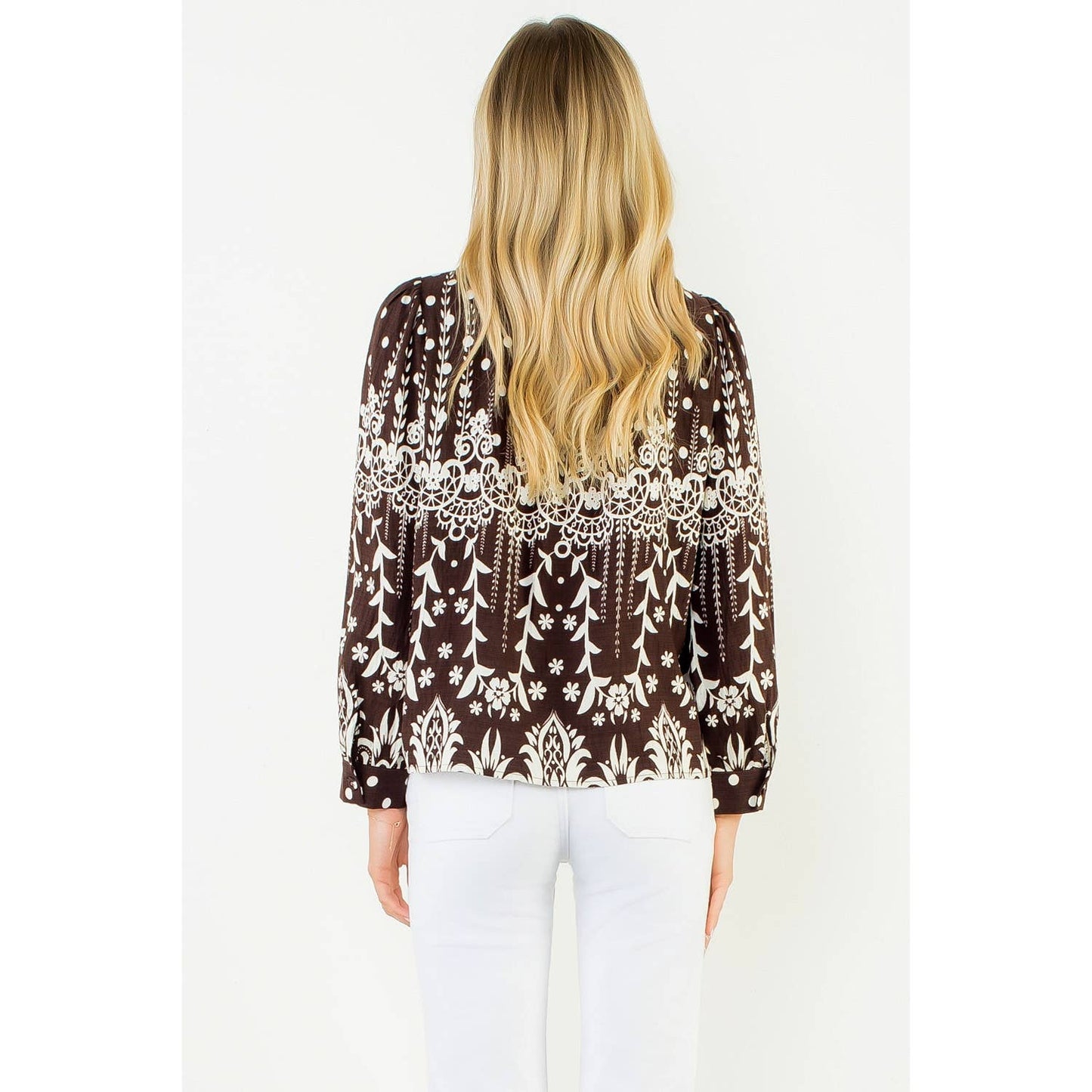 THML - Tie Neck Long Sleeve Pattern Detail Top: BROWN / XS-S-M-L(1-2-2-1)