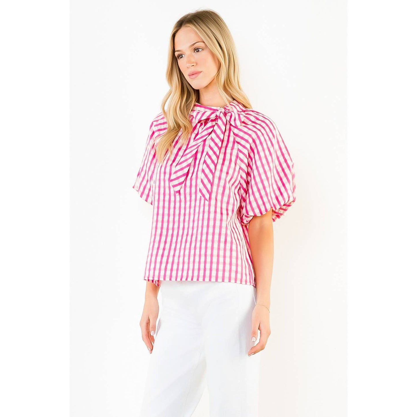 THML - Gingham Puff Sleeve Top: BLUE / XS-S-M-L(1-2-2-1)