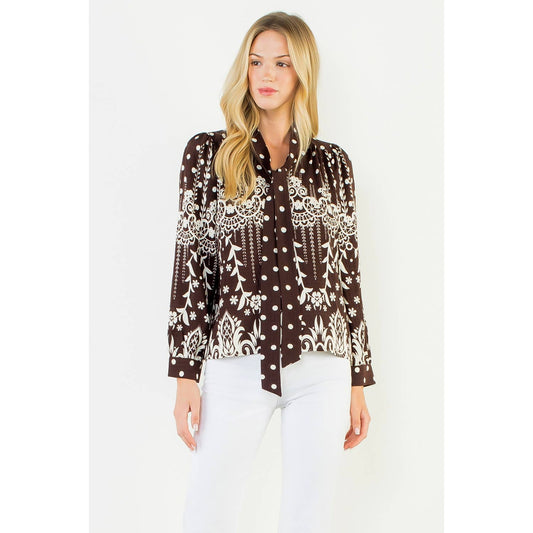THML - Tie Neck Long Sleeve Pattern Detail Top: BROWN / XS-S-M-L(1-2-2-1)