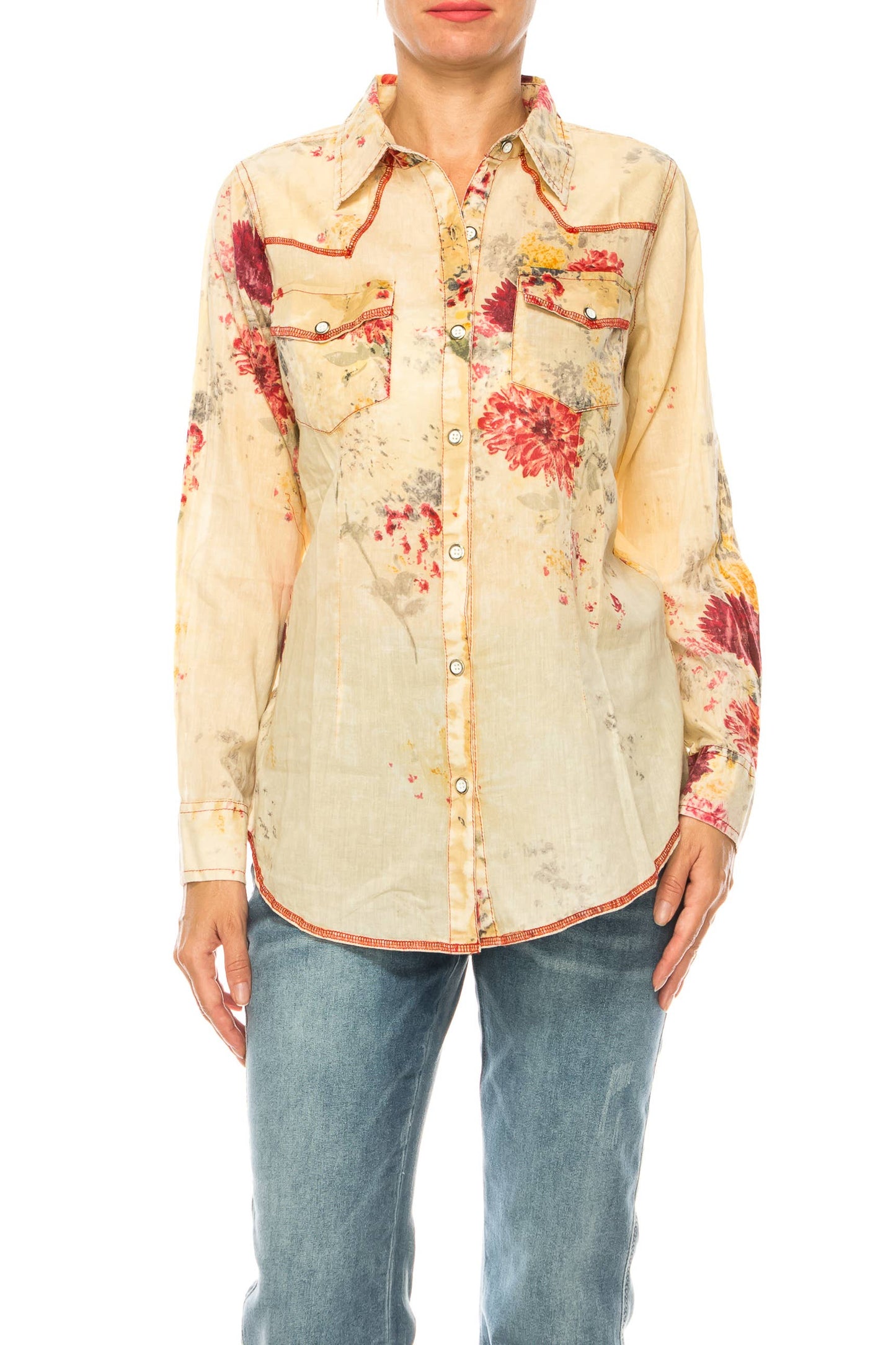 Magazine Clothing - Taupe Floral Button Down Western Shirt: Small