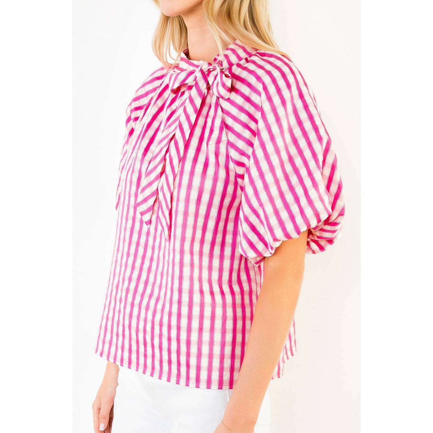 THML - Gingham Puff Sleeve Top: BLUE / XS-S-M-L(1-2-2-1)