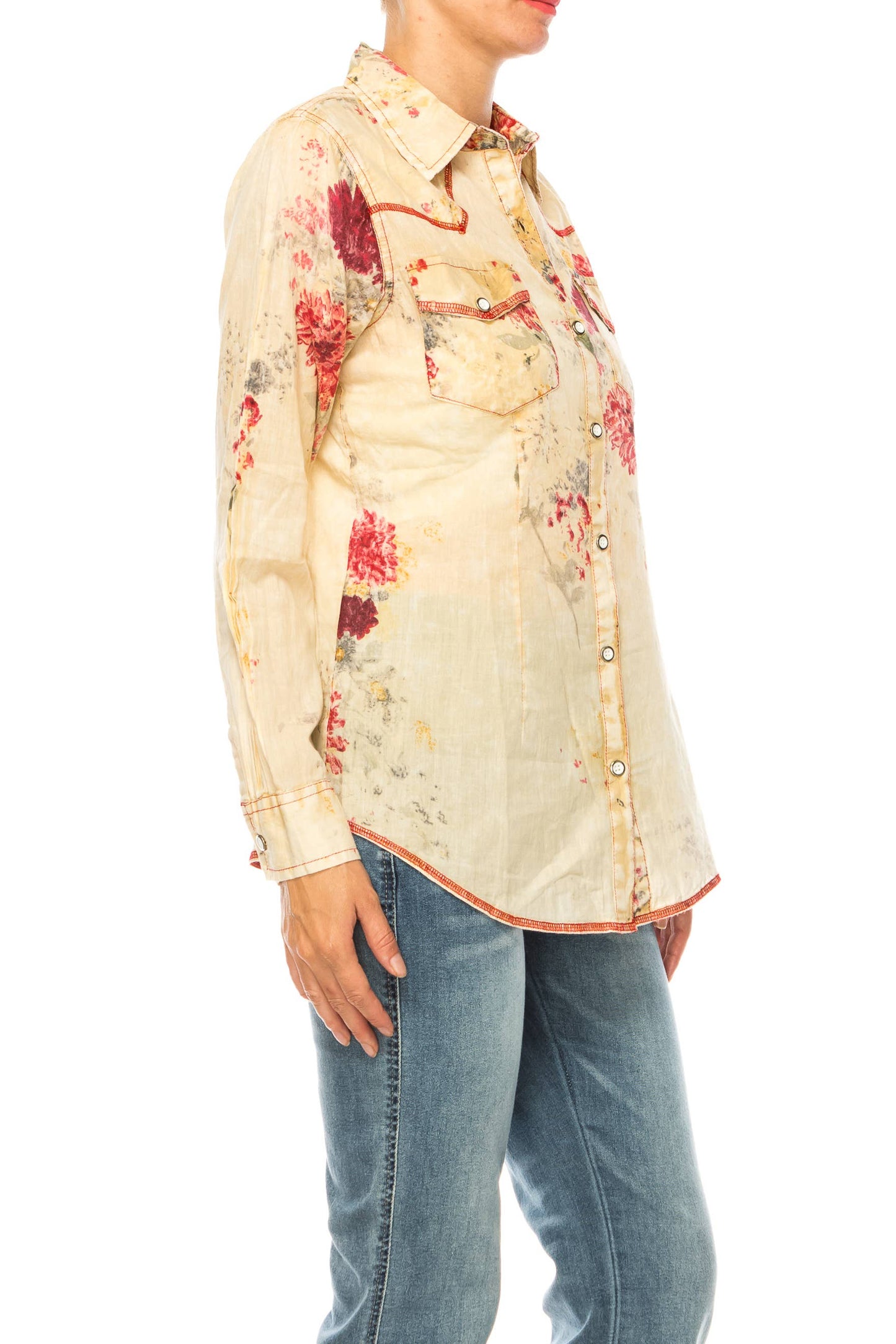 Magazine Clothing - Taupe Floral Button Down Western Shirt: Medium