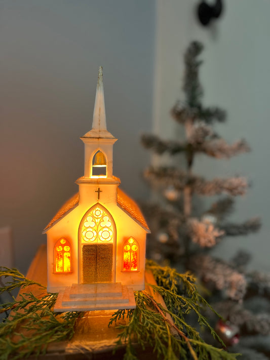 Illuminated Vintage Plastic Church by Nona for Christmas