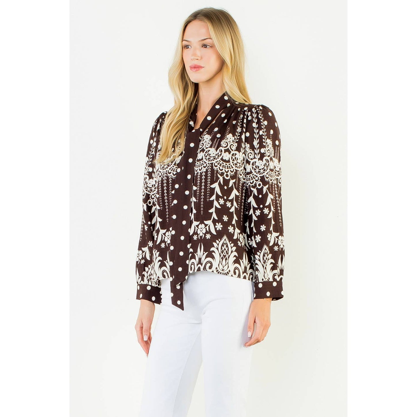 THML - Tie Neck Long Sleeve Pattern Detail Top: BROWN / XS-S-M-L(1-2-2-1)