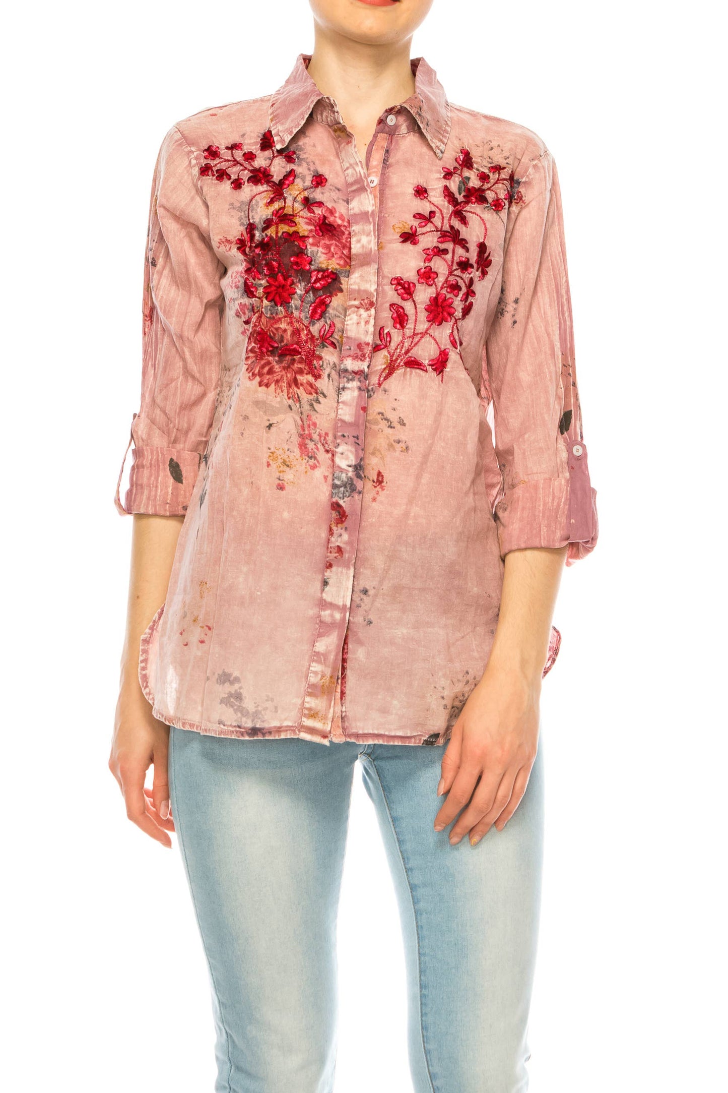 Magazine Clothing - Vintage Pink Floral Printed Shirt with Embroidery: Medium