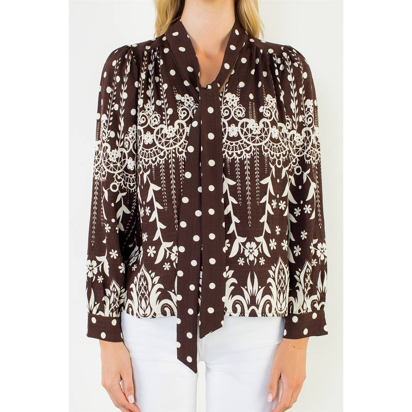 THML - Tie Neck Long Sleeve Pattern Detail Top: BROWN / XS-S-M-L(1-2-2-1)