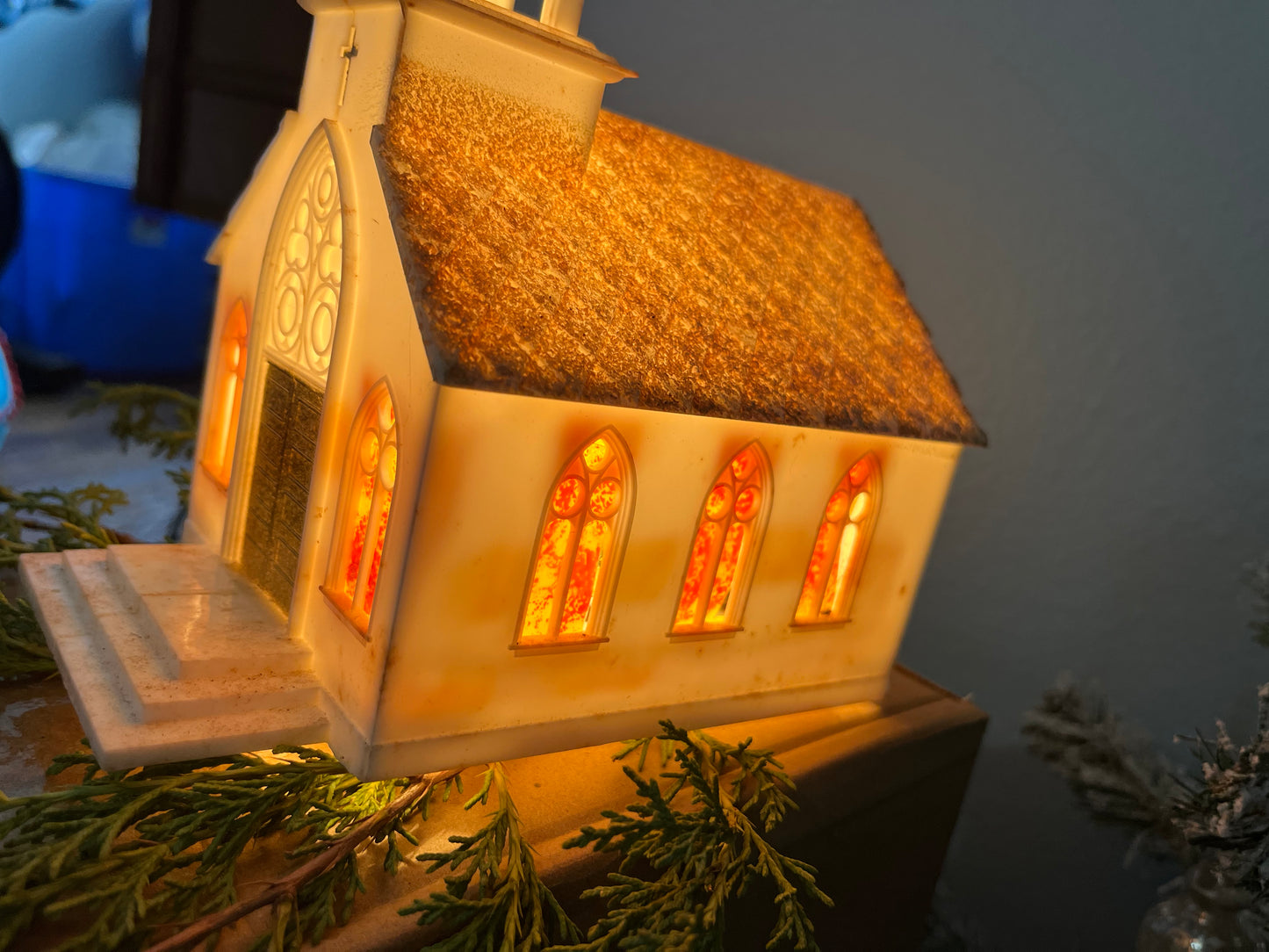 Illuminated Vintage Plastic Church by Nona for Christmas