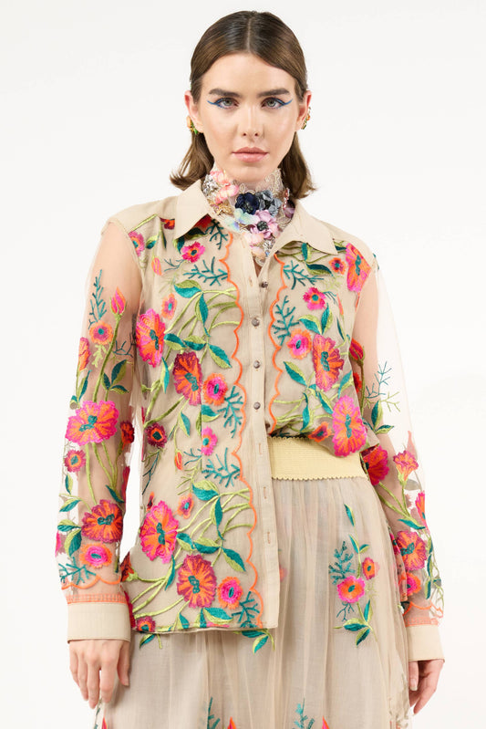 Aratta - Vintage Tulips Shirt: Denim Blue / L