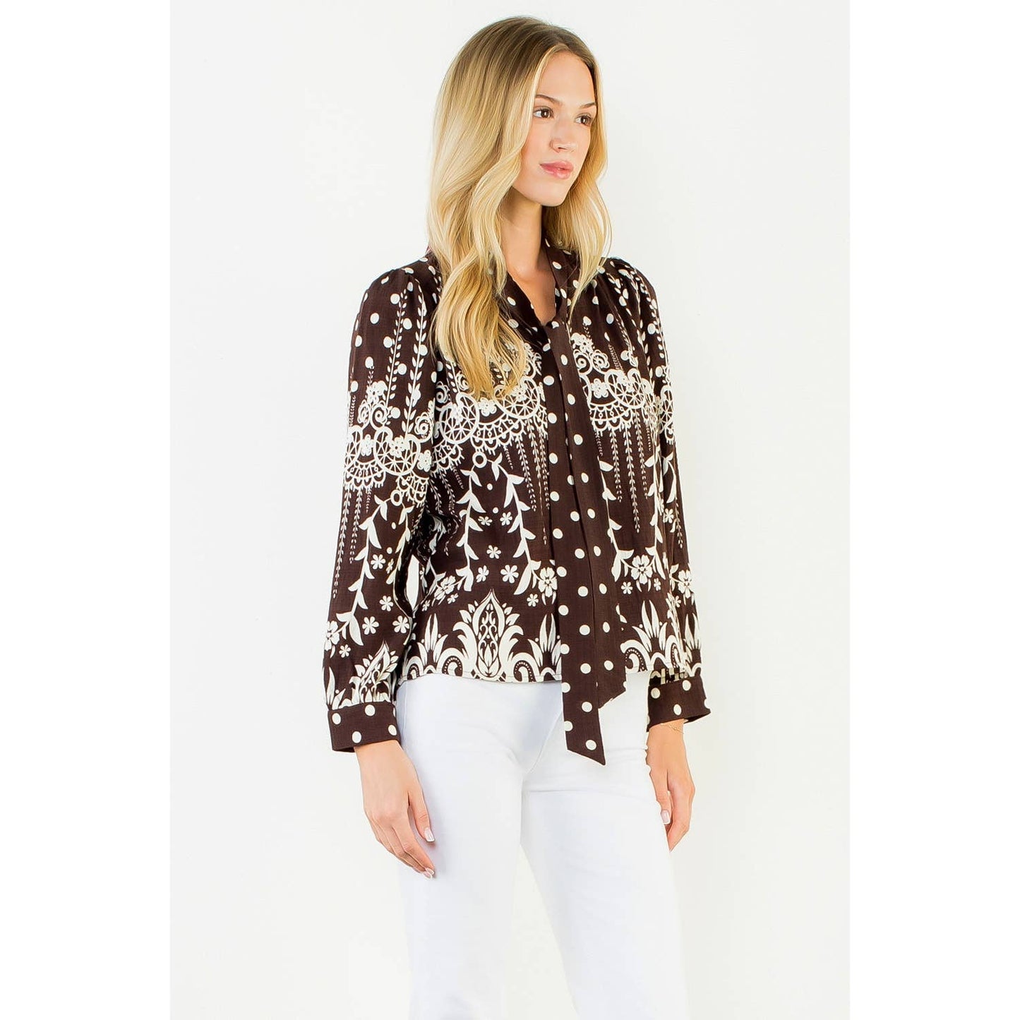 THML - Tie Neck Long Sleeve Pattern Detail Top: BROWN / XS-S-M-L(1-2-2-1)