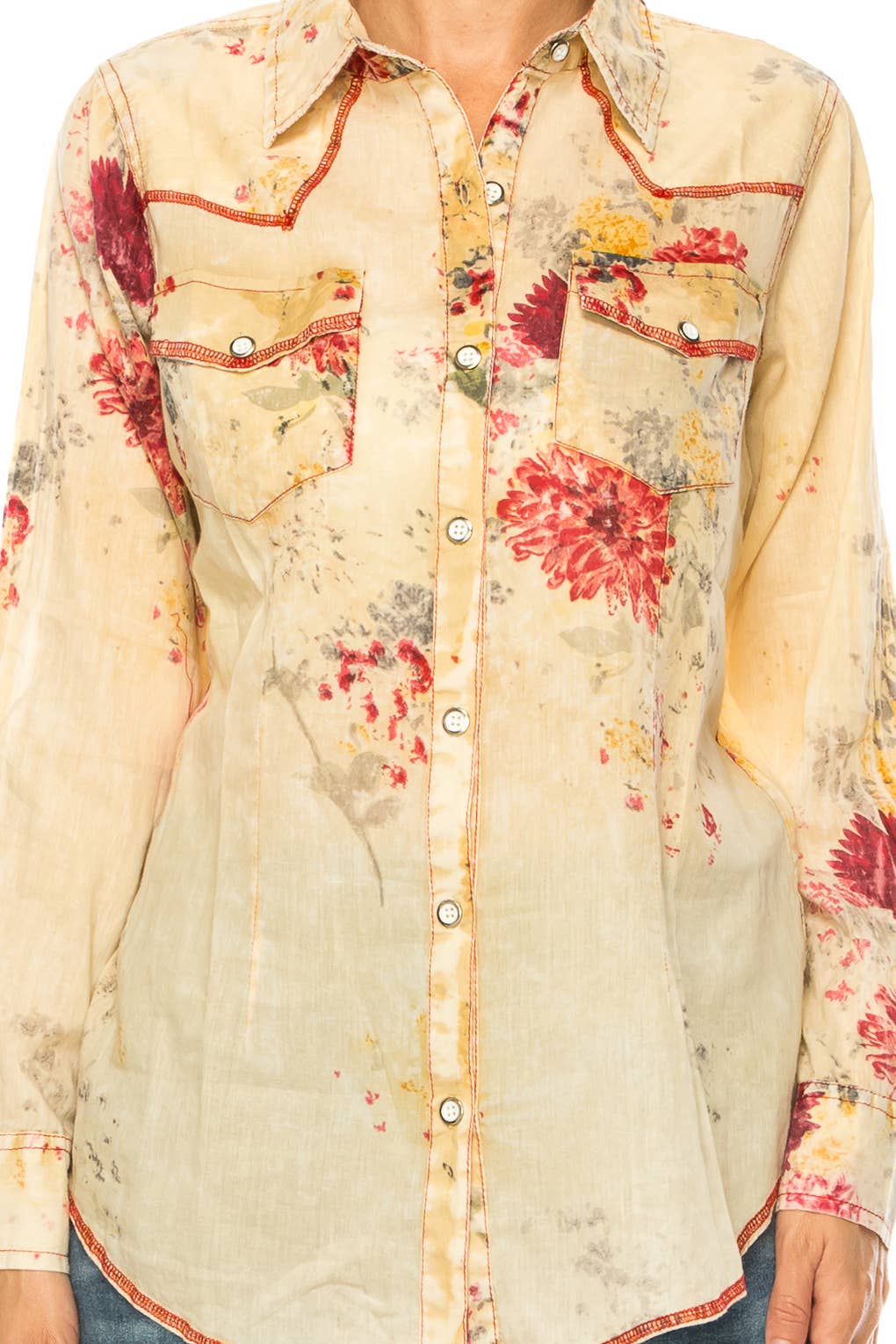 Magazine Clothing - Taupe Floral Button Down Western Shirt: Small
