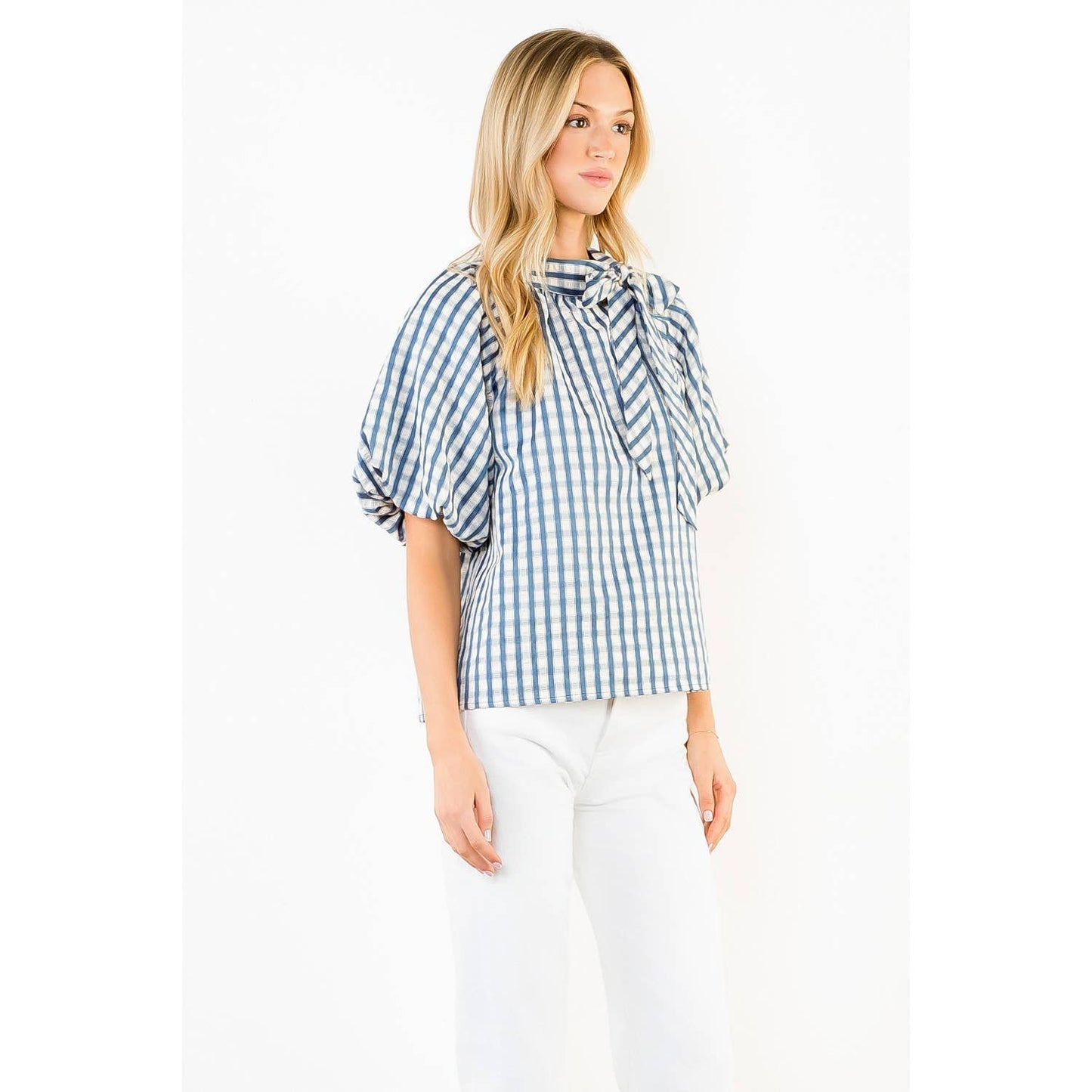 THML - Gingham Puff Sleeve Top: BLUE / XS-S-M-L(1-2-2-1)