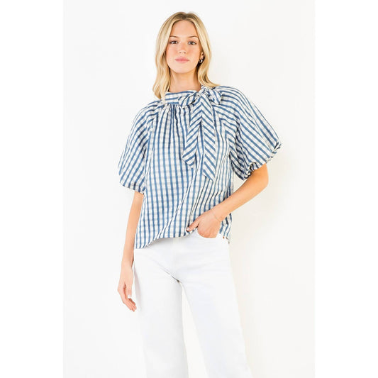 THML - Gingham Puff Sleeve Top: BLUE / XS-S-M-L(1-2-2-1)
