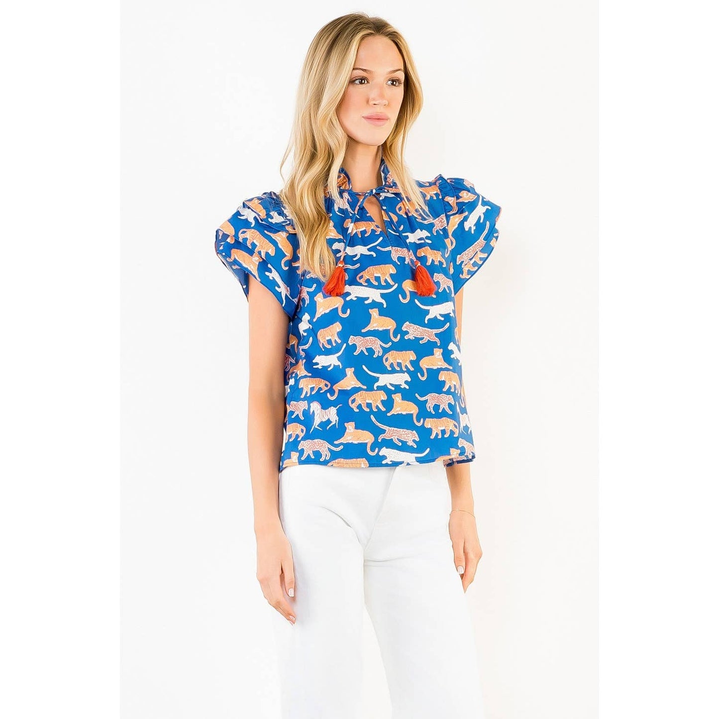 THML - Animal Print Short Sleeve Top With Tassles: BROWN / XS-S-M-L(1-2-2-1)