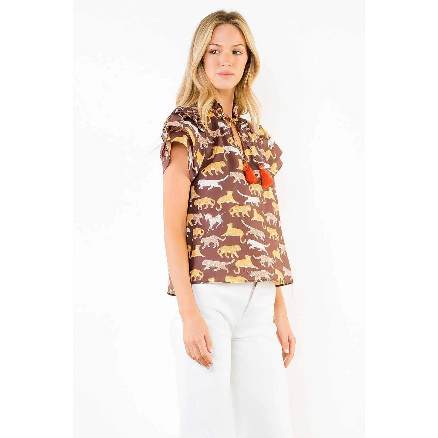 THML - Animal Print Short Sleeve Top With Tassles: BROWN / XS-S-M-L(1-2-2-1)