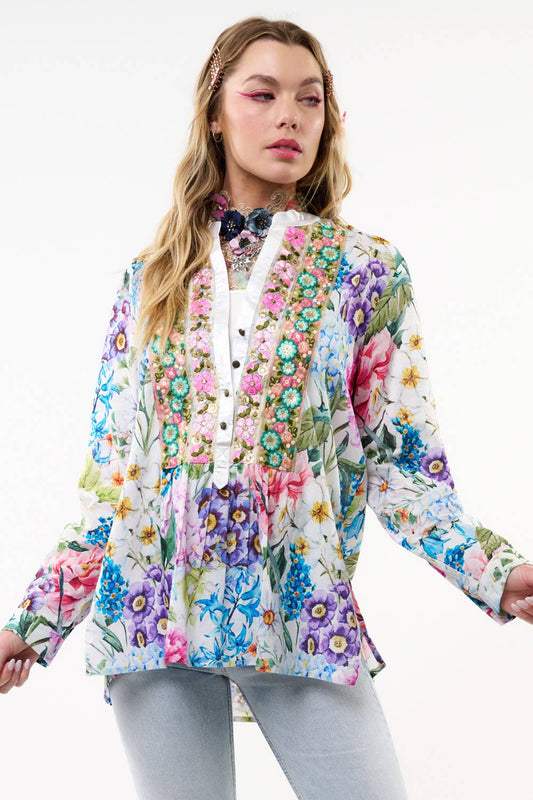 Aratta - Ibiza Embroidered Blouse / Top: White Floral / L