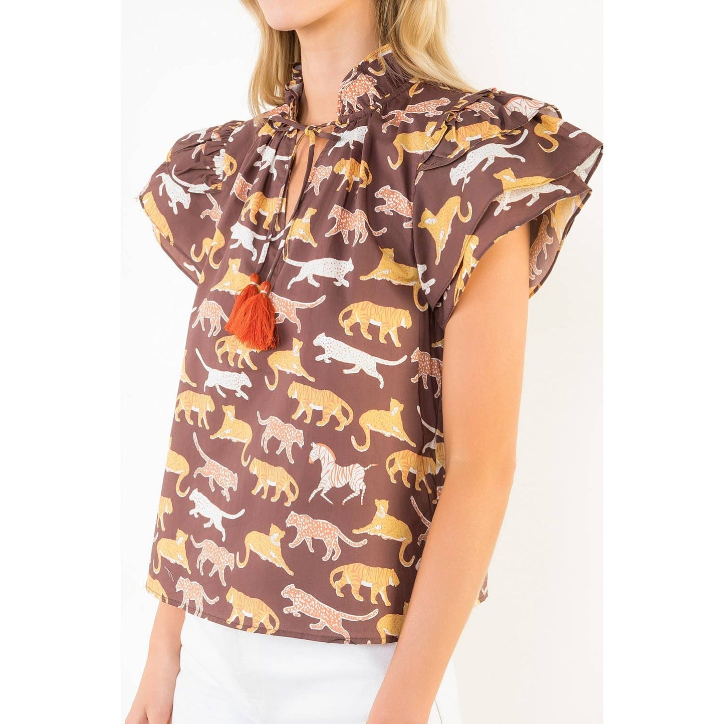 THML - Animal Print Short Sleeve Top With Tassles: BROWN / XS-S-M-L(1-2-2-1)
