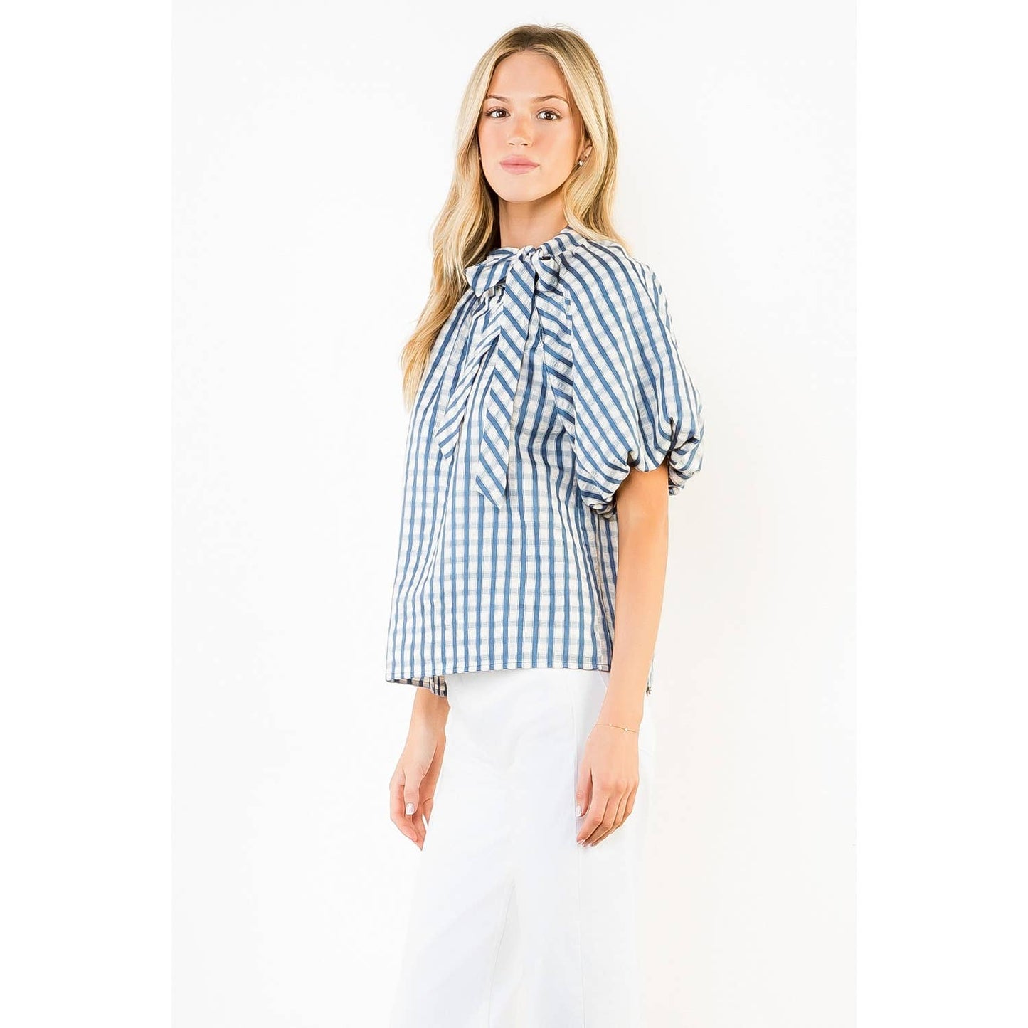 THML - Gingham Puff Sleeve Top: BLUE / XS-S-M-L(1-2-2-1)