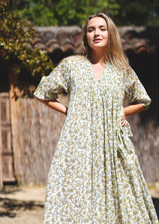 Dolma - Skye Dress Hand Block Printed Yellow and Green