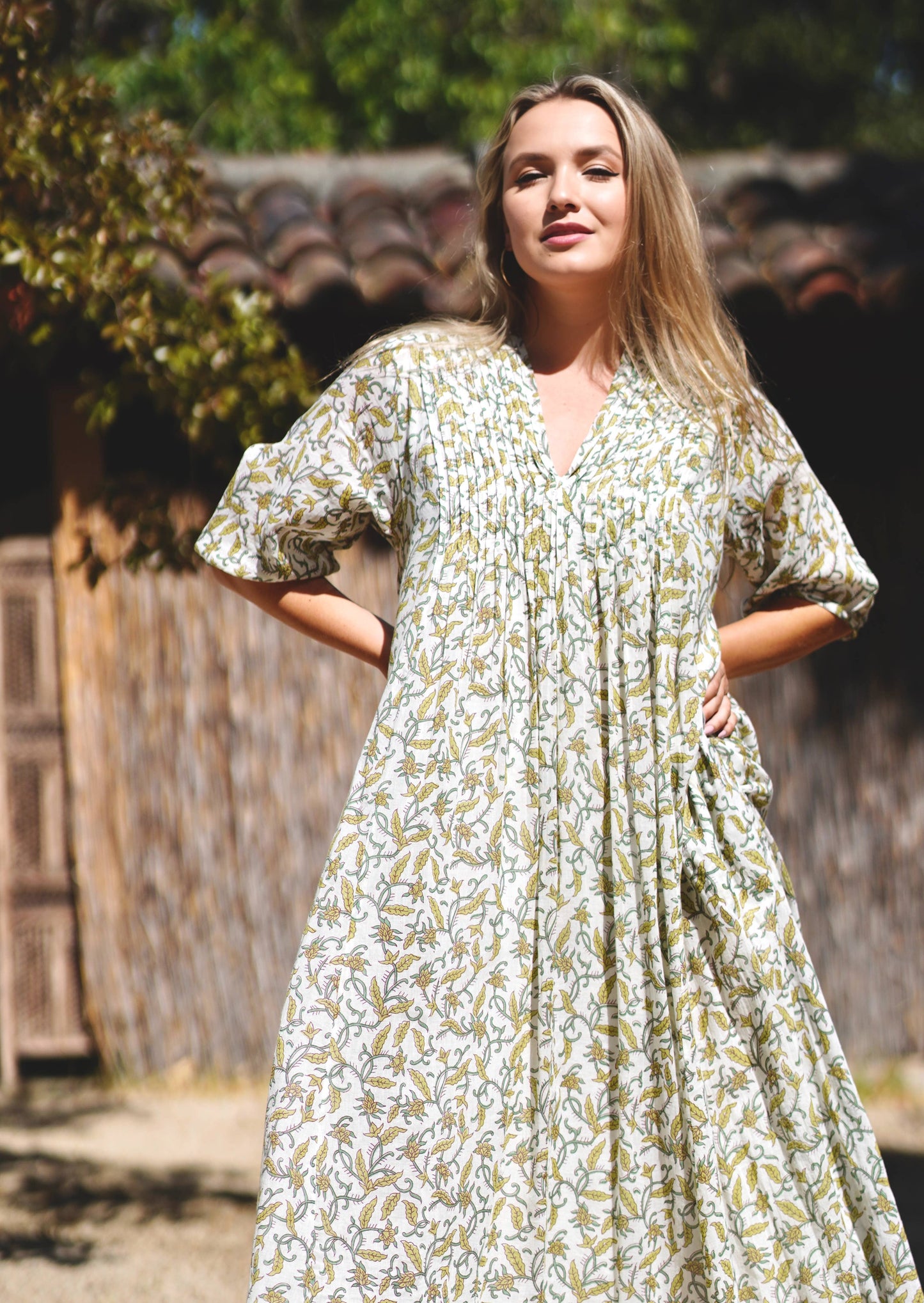 Dolma - Skye Dress Hand Block Printed Green: Green / Small