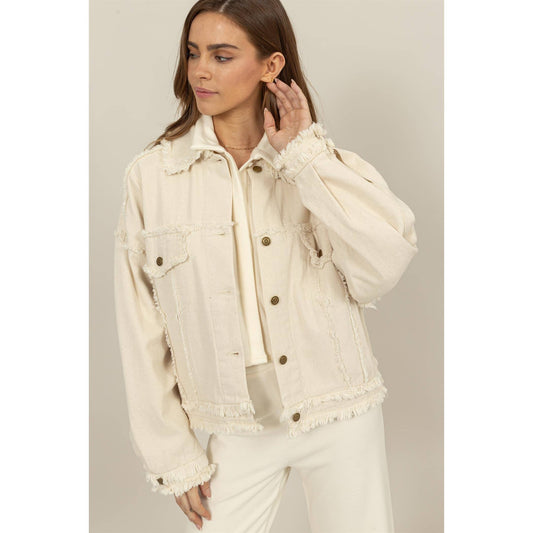 HYFVE - HF24E337-OVERSIZED FRAYED DENIM JACKET: OATMEAL / S-M-L(2-2-2)
