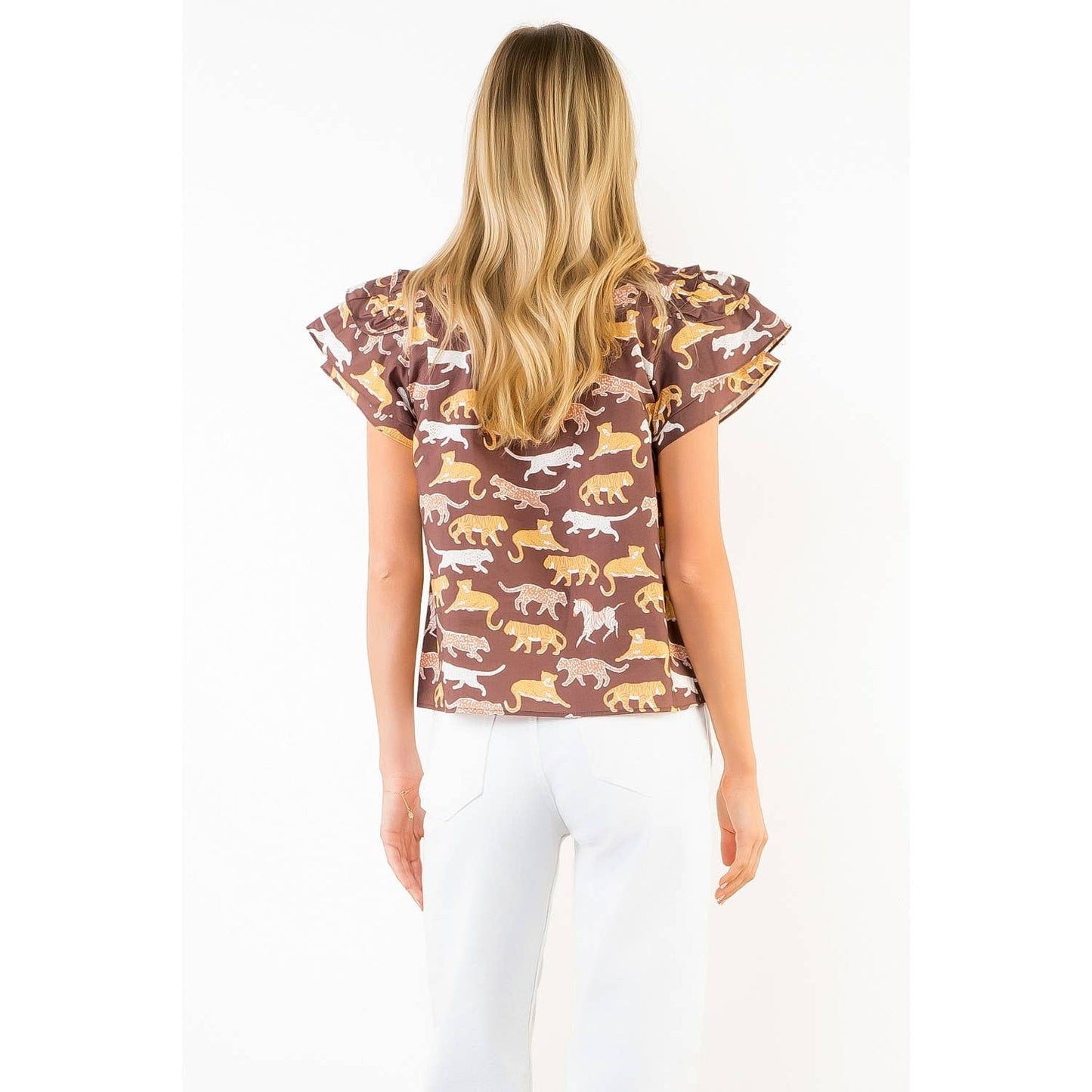 THML - Animal Print Short Sleeve Top With Tassles: BROWN / XS-S-M-L(1-2-2-1)