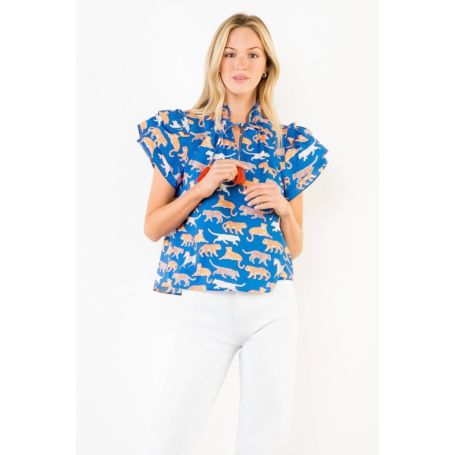 THML - Animal Print Short Sleeve Top With Tassles: BROWN / XS-S-M-L(1-2-2-1)