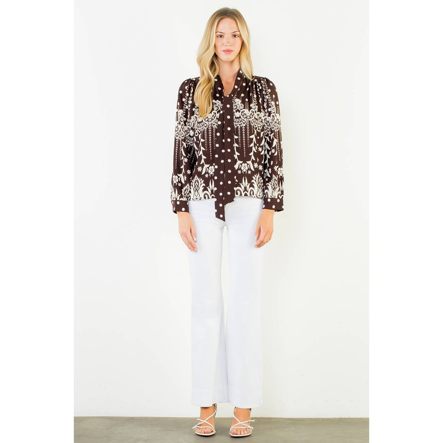 THML - Tie Neck Long Sleeve Pattern Detail Top: BROWN / XS-S-M-L(1-2-2-1)