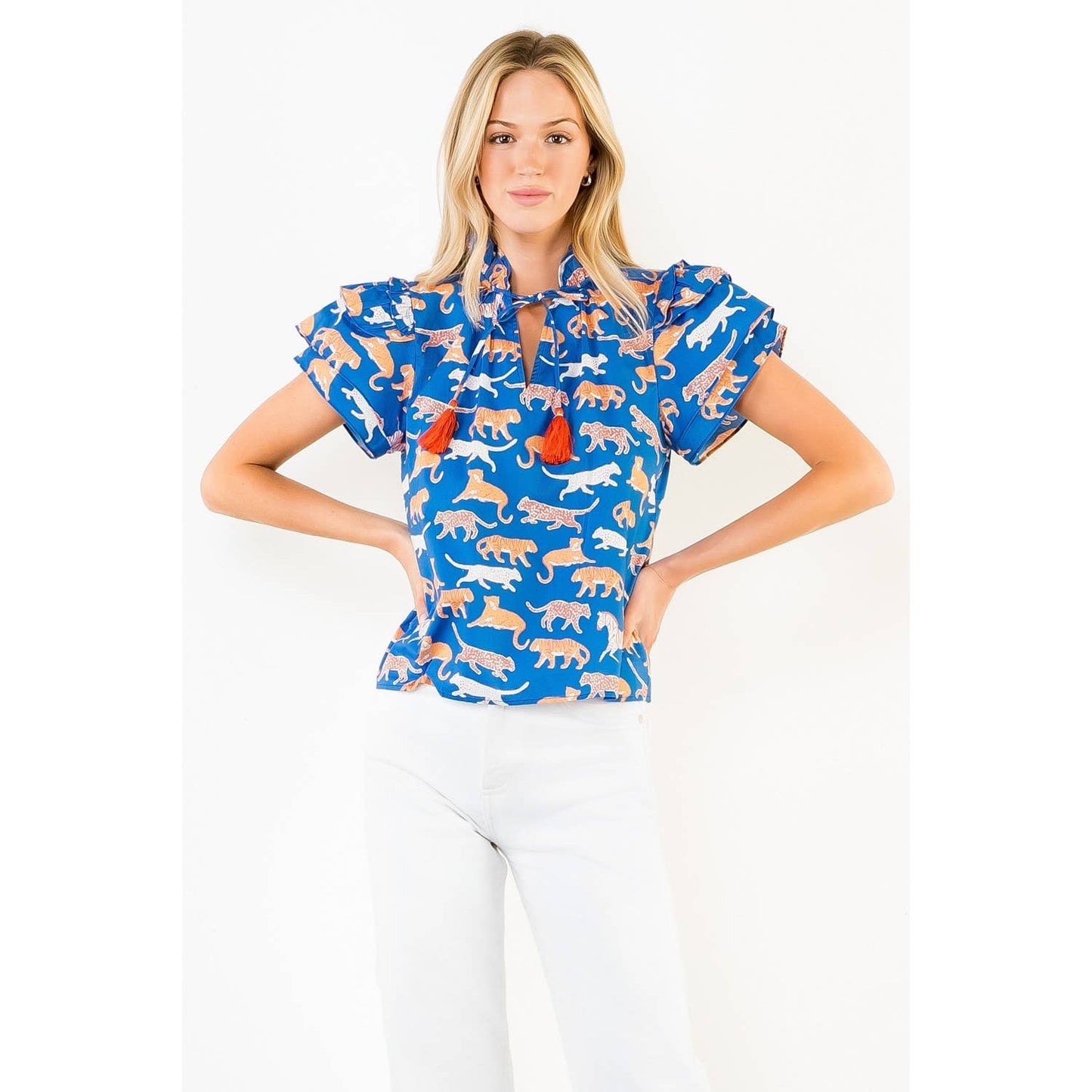THML - Animal Print Short Sleeve Top With Tassles: BROWN / XS-S-M-L(1-2-2-1)