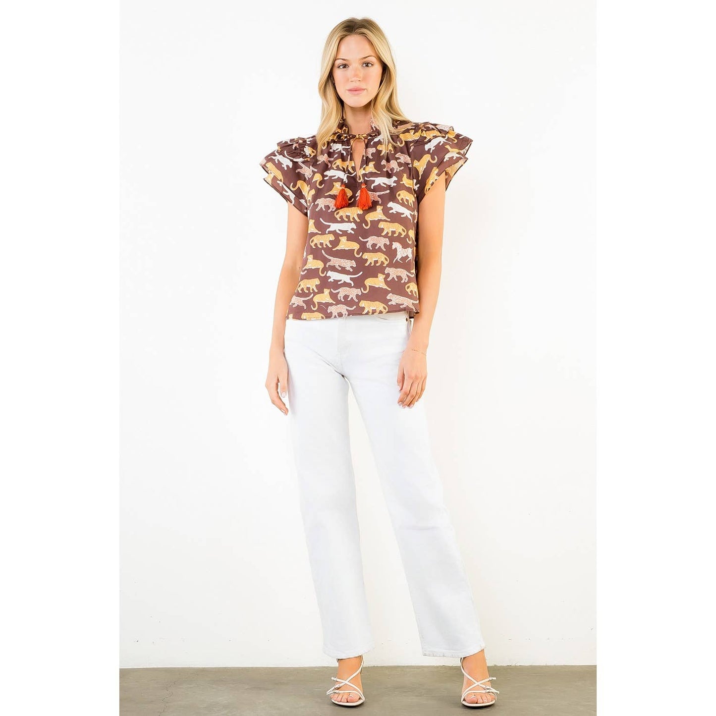 THML - Animal Print Short Sleeve Top With Tassles: BROWN / XS-S-M-L(1-2-2-1)