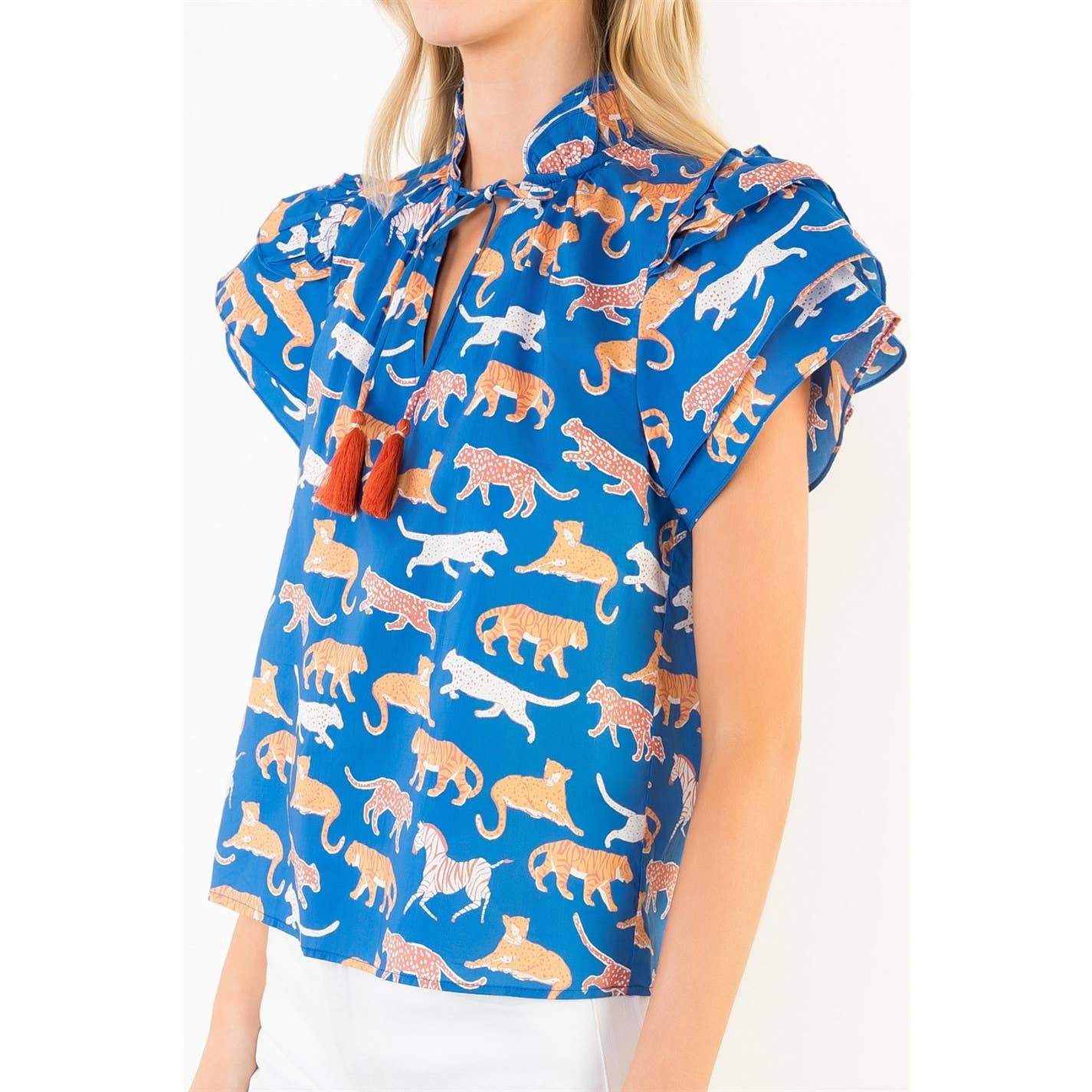 THML - Animal Print Short Sleeve Top With Tassles: BROWN / XS-S-M-L(1-2-2-1)