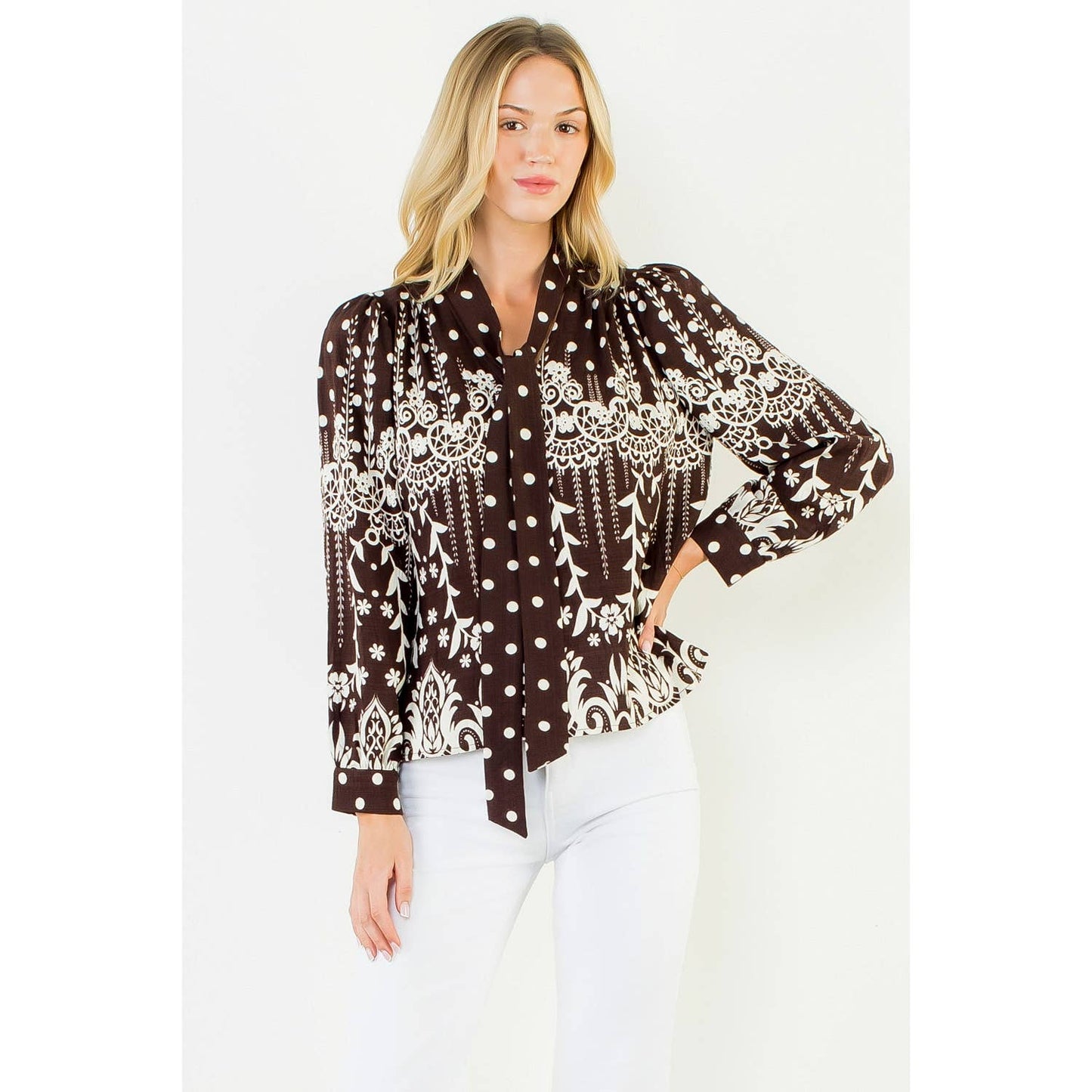 THML - Tie Neck Long Sleeve Pattern Detail Top: BROWN / XS-S-M-L(1-2-2-1)