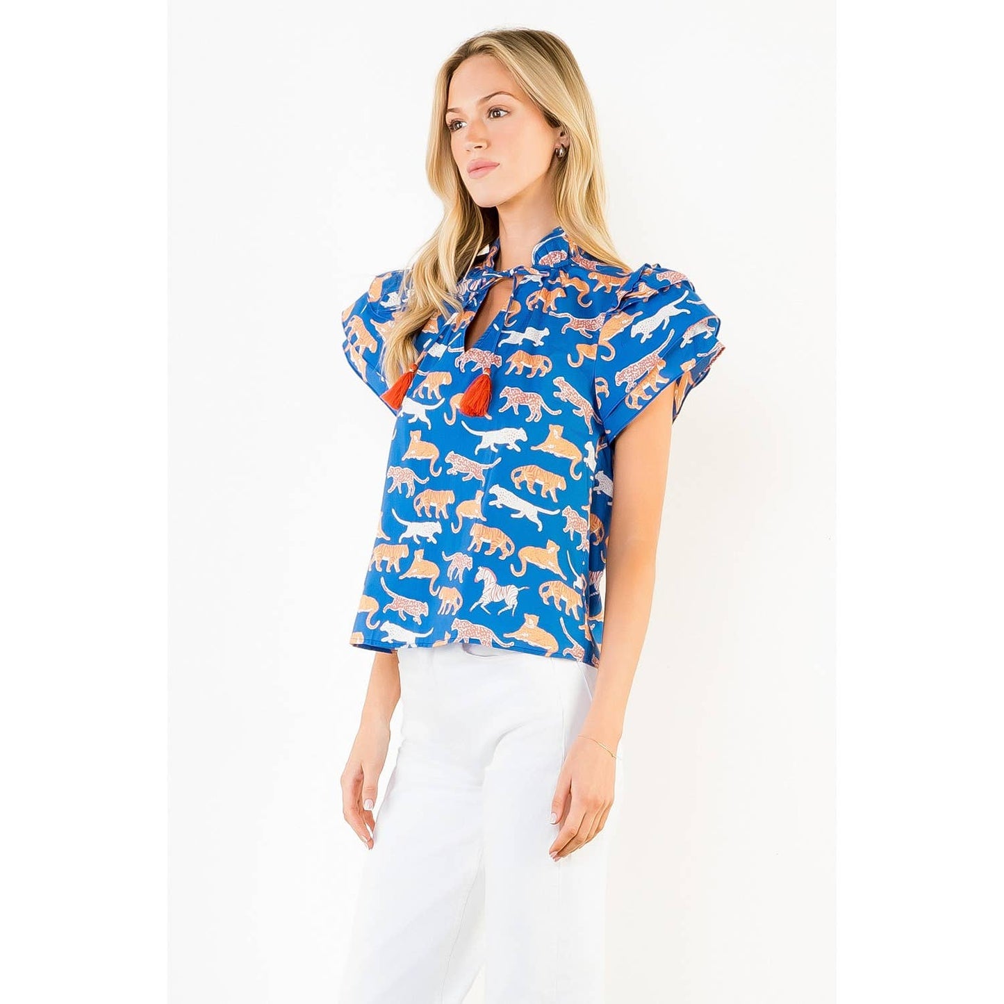 THML - Animal Print Short Sleeve Top With Tassles: BROWN / XS-S-M-L(1-2-2-1)