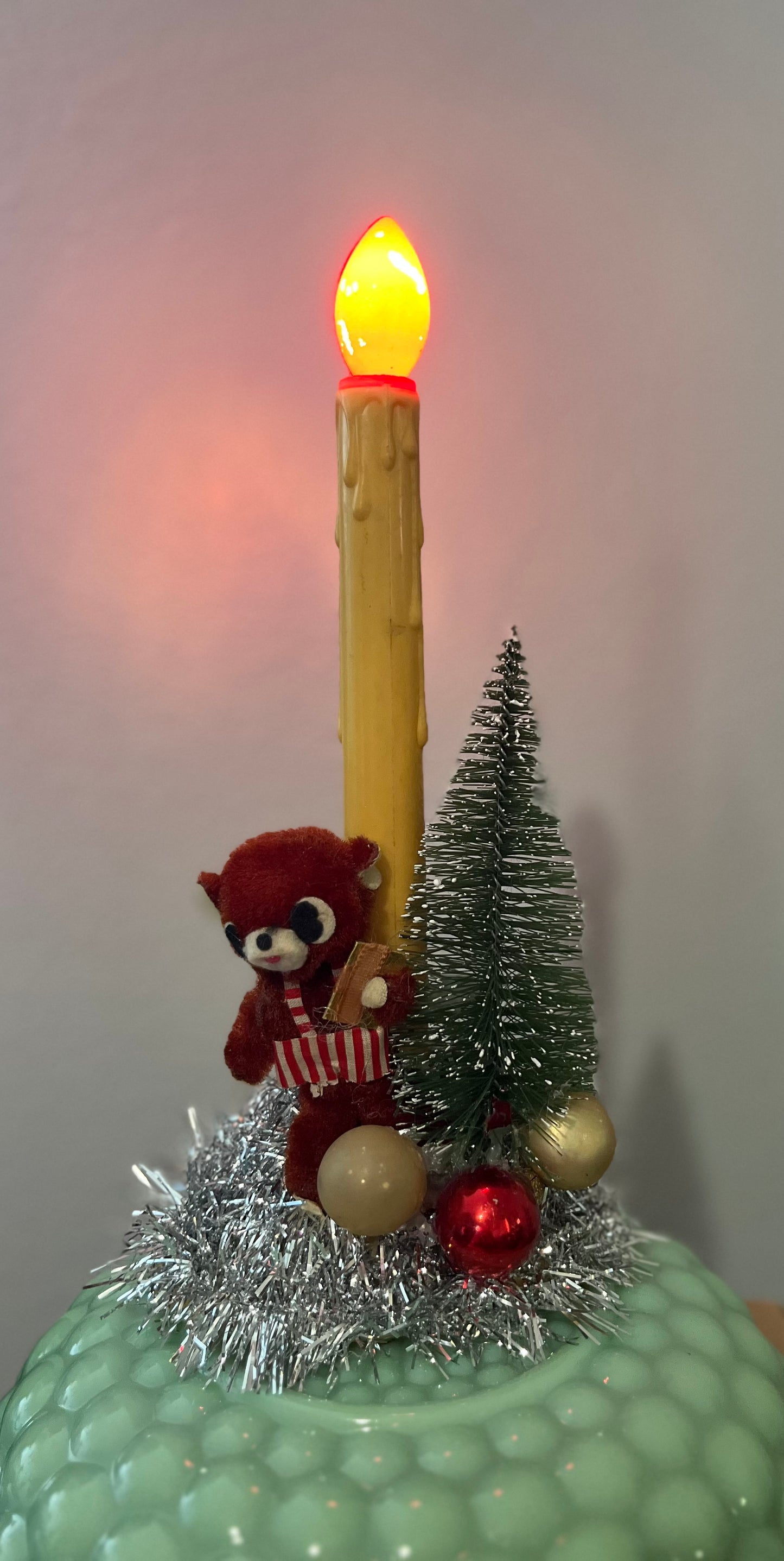 Vintage Candle Christmas Light with Vintage Teddy Bear  Kitschy Christmas