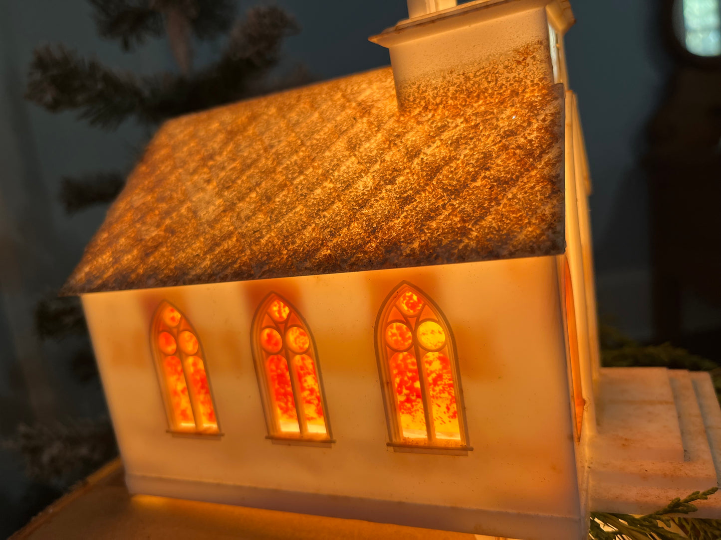 Illuminated Vintage Plastic Church by Nona for Christmas