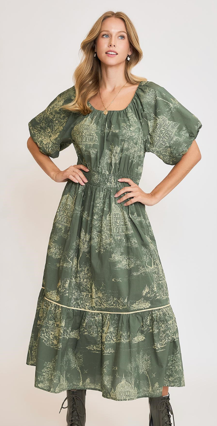 Green with Envy tone on tone Landscape Print Dress