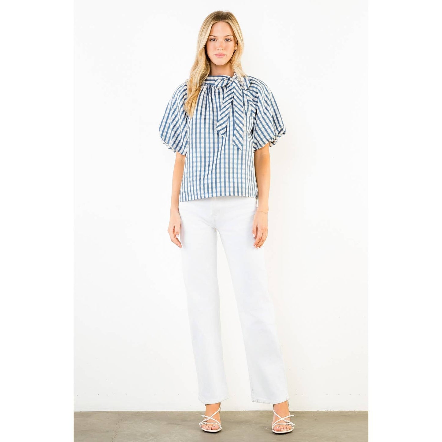 THML - Gingham Puff Sleeve Top: BLUE / XS-S-M-L(1-2-2-1)