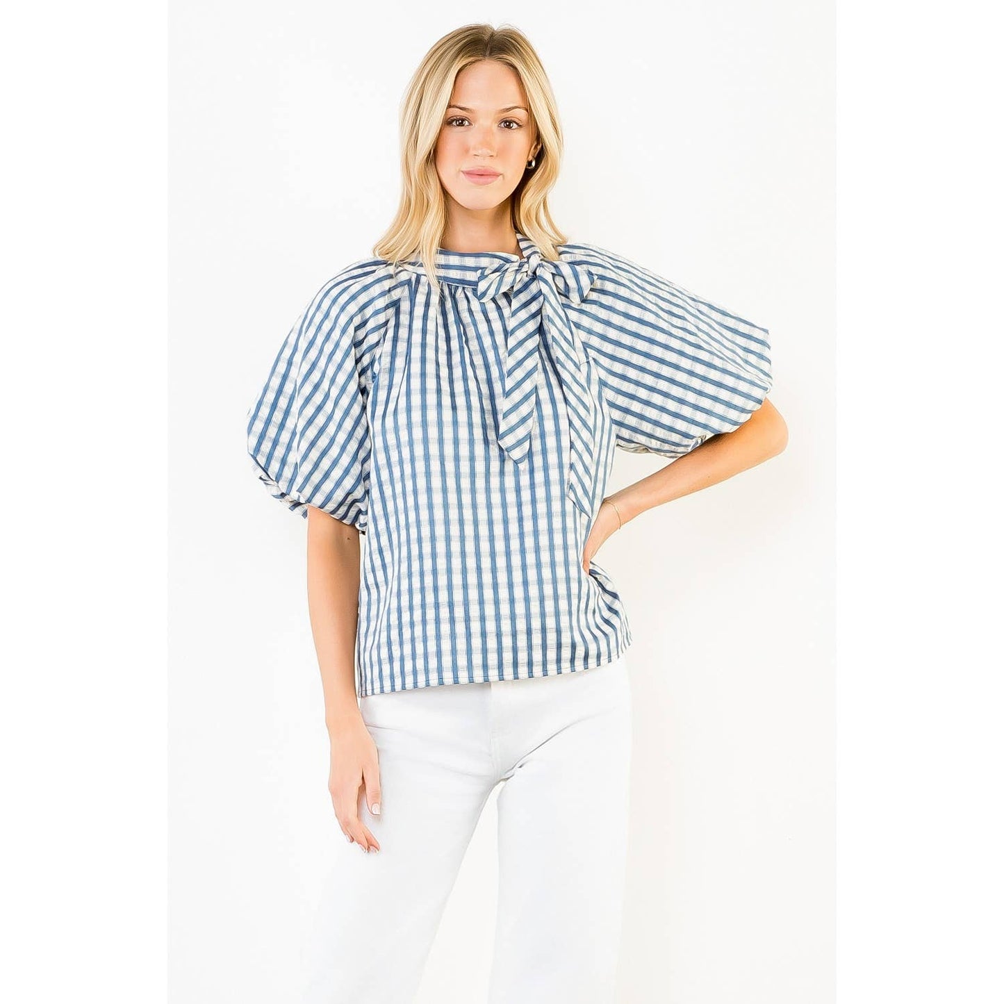 THML - Gingham Puff Sleeve Top: BLUE / XS-S-M-L(1-2-2-1)