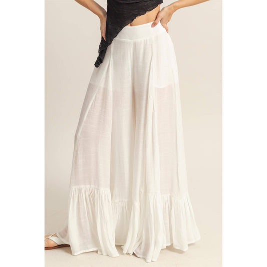 HYFVE - HF25A842-High-Waist Ruffle Flared Wide Leg Pants: WHITE / S-M-L(2-2-2)