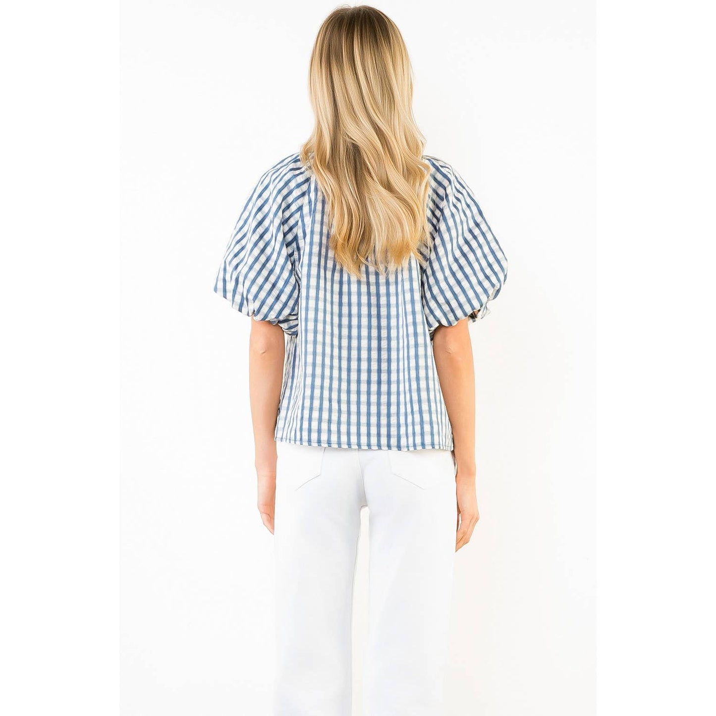 THML - Gingham Puff Sleeve Top: BLUE / XS-S-M-L(1-2-2-1)