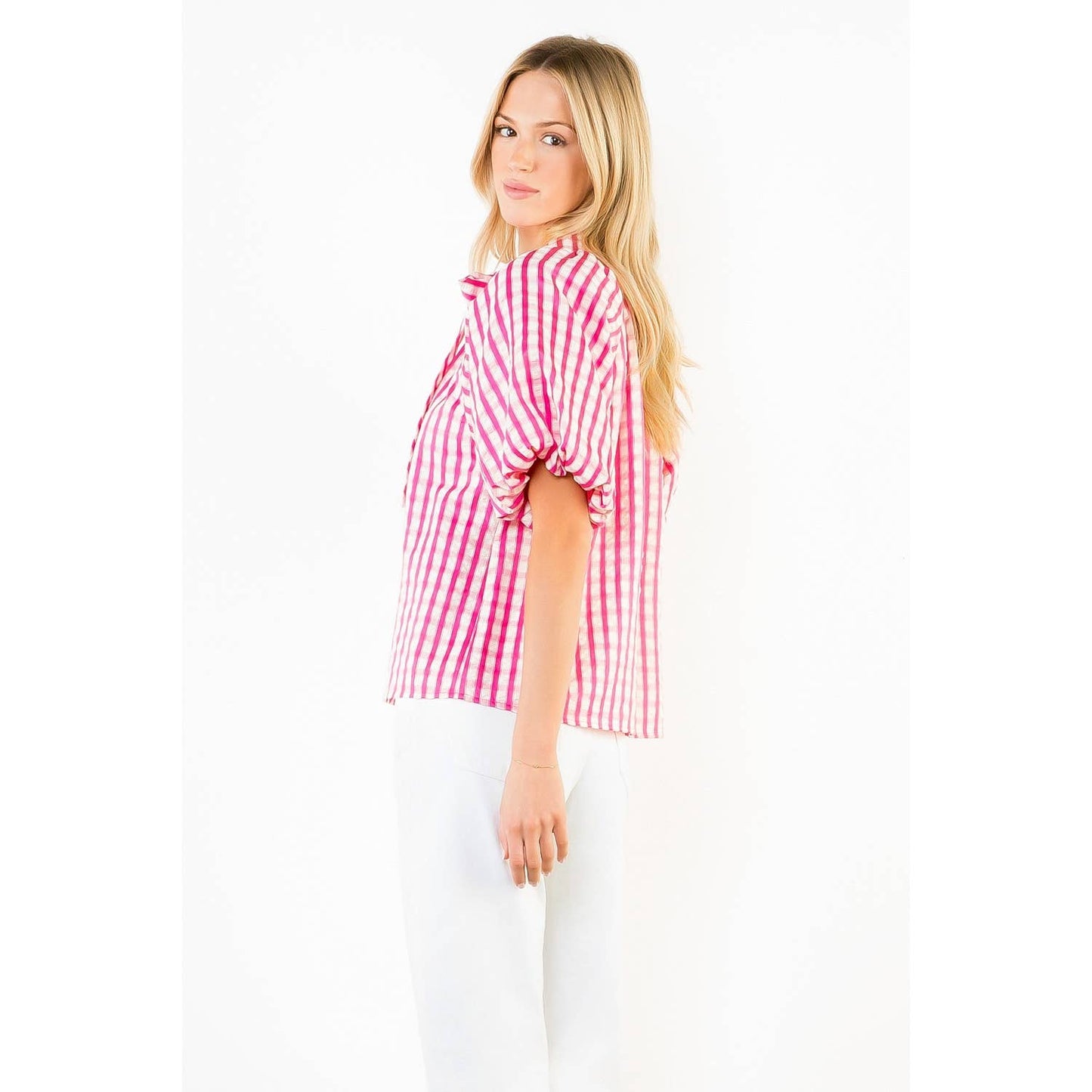 THML - Gingham Puff Sleeve Top: BLUE / XS-S-M-L(1-2-2-1)