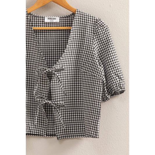 HYFVE - DZ25C145-Gingham Print Bow Tie Puff Sleeve Blouse: BLACK / S-M-L(2-2-2)