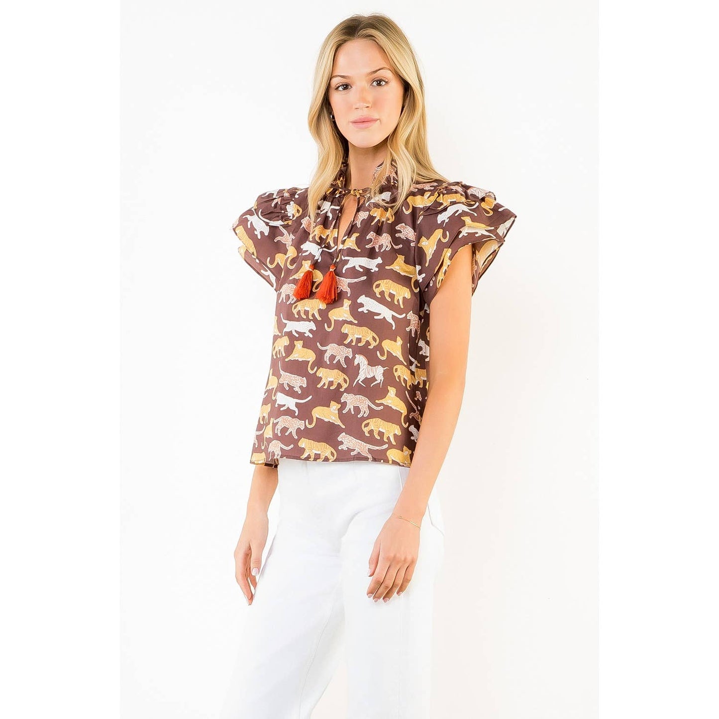 THML - Animal Print Short Sleeve Top With Tassles: BROWN / XS-S-M-L(1-2-2-1)