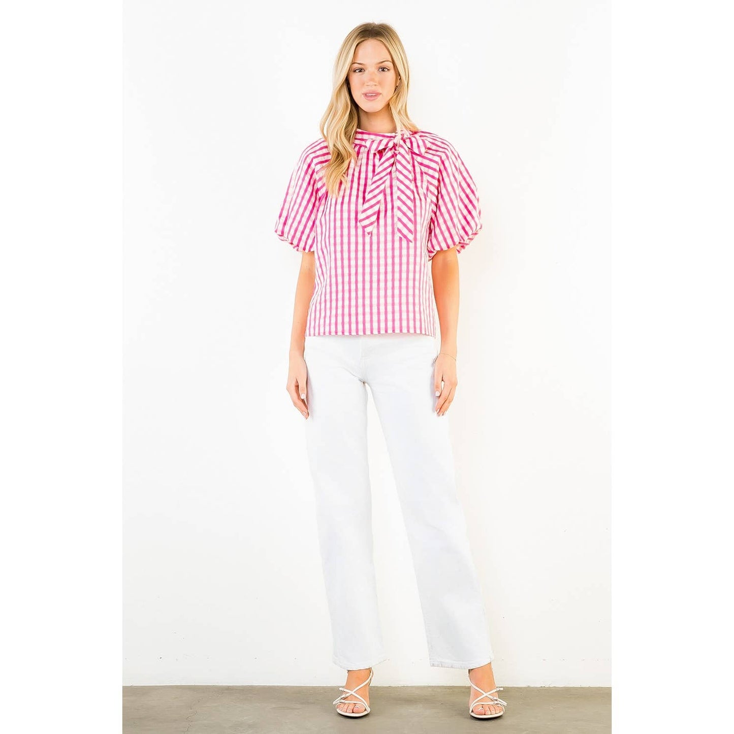 THML - Gingham Puff Sleeve Top: BLUE / XS-S-M-L(1-2-2-1)