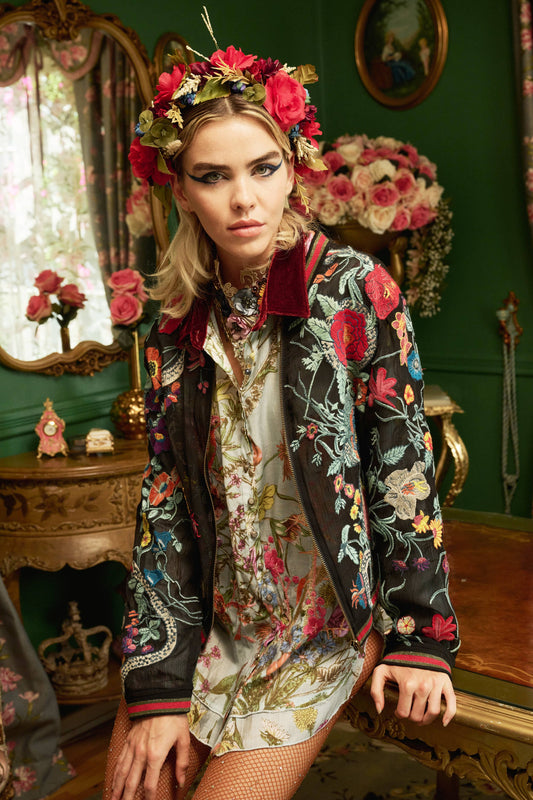 Aratta - Bellezza Embroidered Bomber Jacket: Black Floral / L