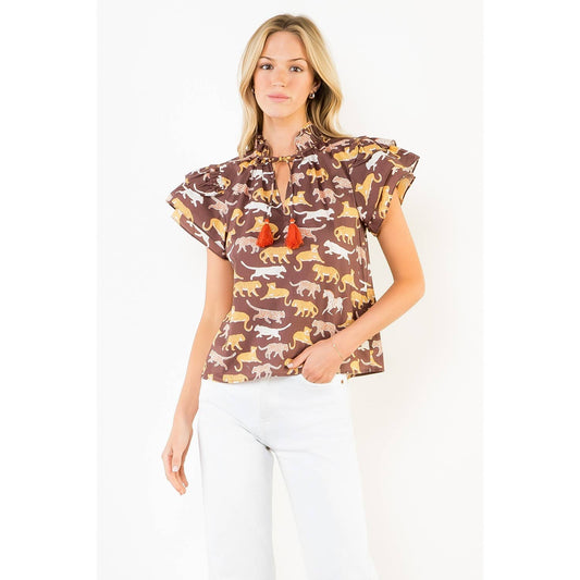 THML - Animal Print Short Sleeve Top With Tassles: BROWN / XS-S-M-L(1-2-2-1)